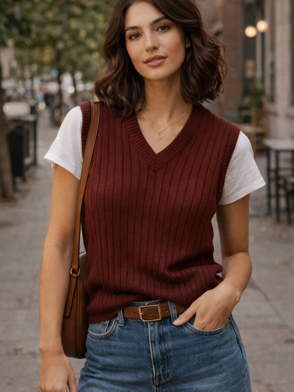 Vintage Women's Ribbed V-Neck Sleeveless Sweater Vest - Burgundy